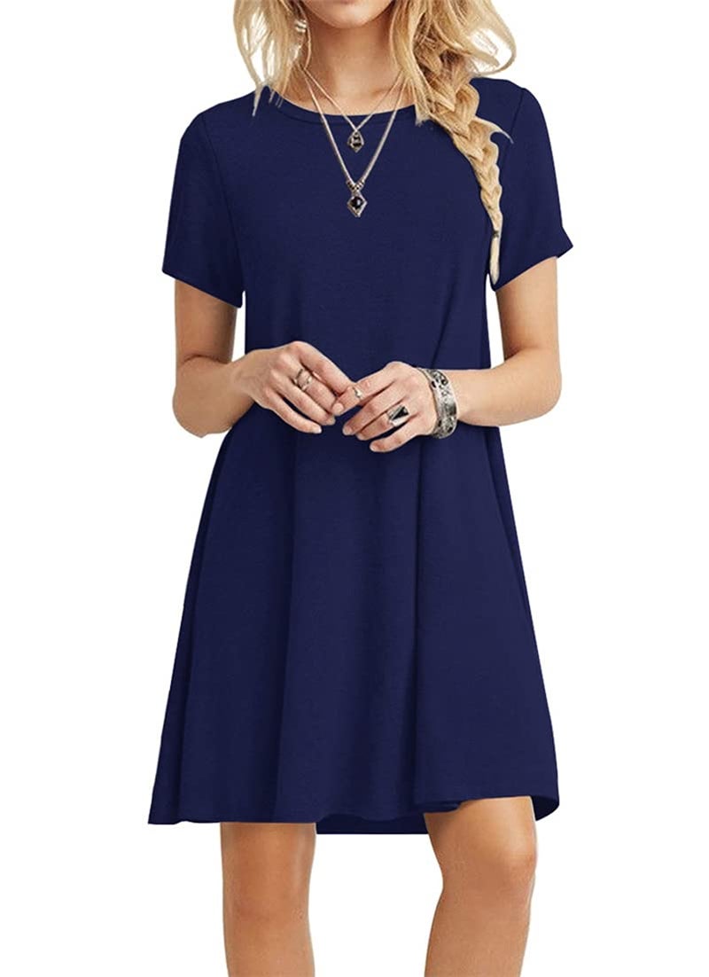 POPYOUNG 2026 Women's Summer Casual T-Shirt Dresses Crew Neck Beach Cover Up Sun Dress Medium, Navy Blue - Image 1